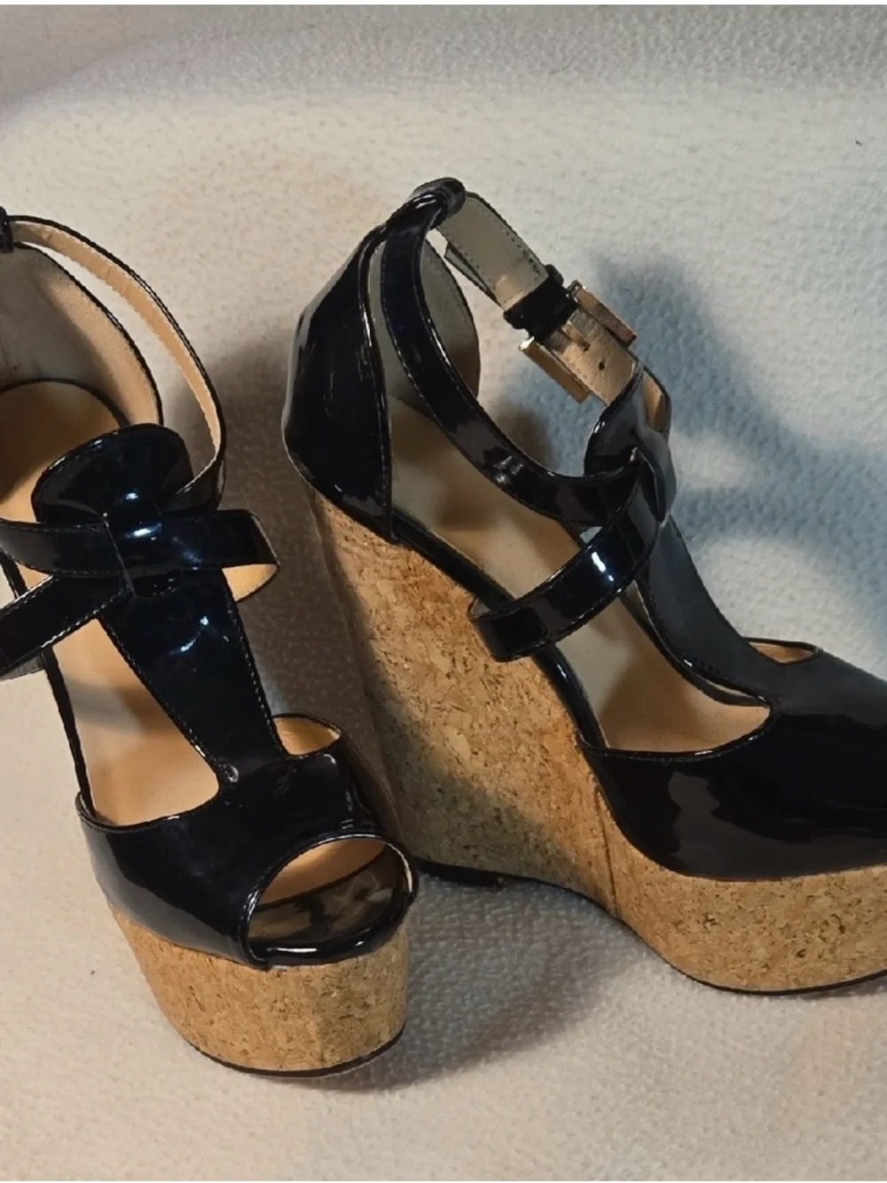 Black Patent Wedge Sandals with Cork Platform